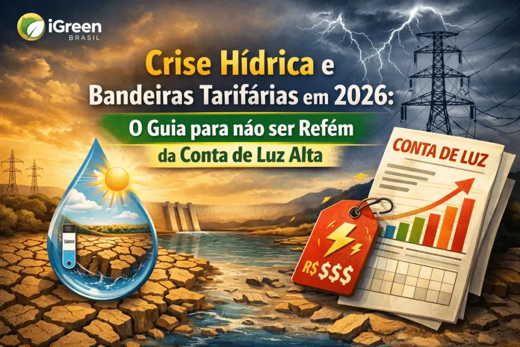 Foto de represa com nível baixo e infográfico de bandeiras tarifárias amarela e vermelha