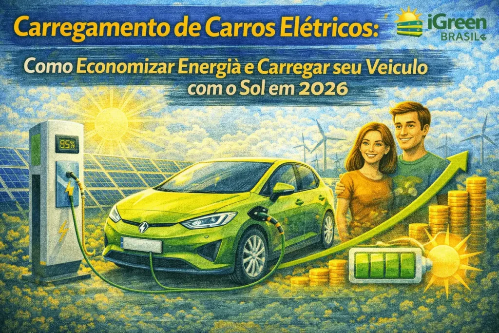 Carro elétrico sendo carregado em uma garagem moderna com ícones de energia solar