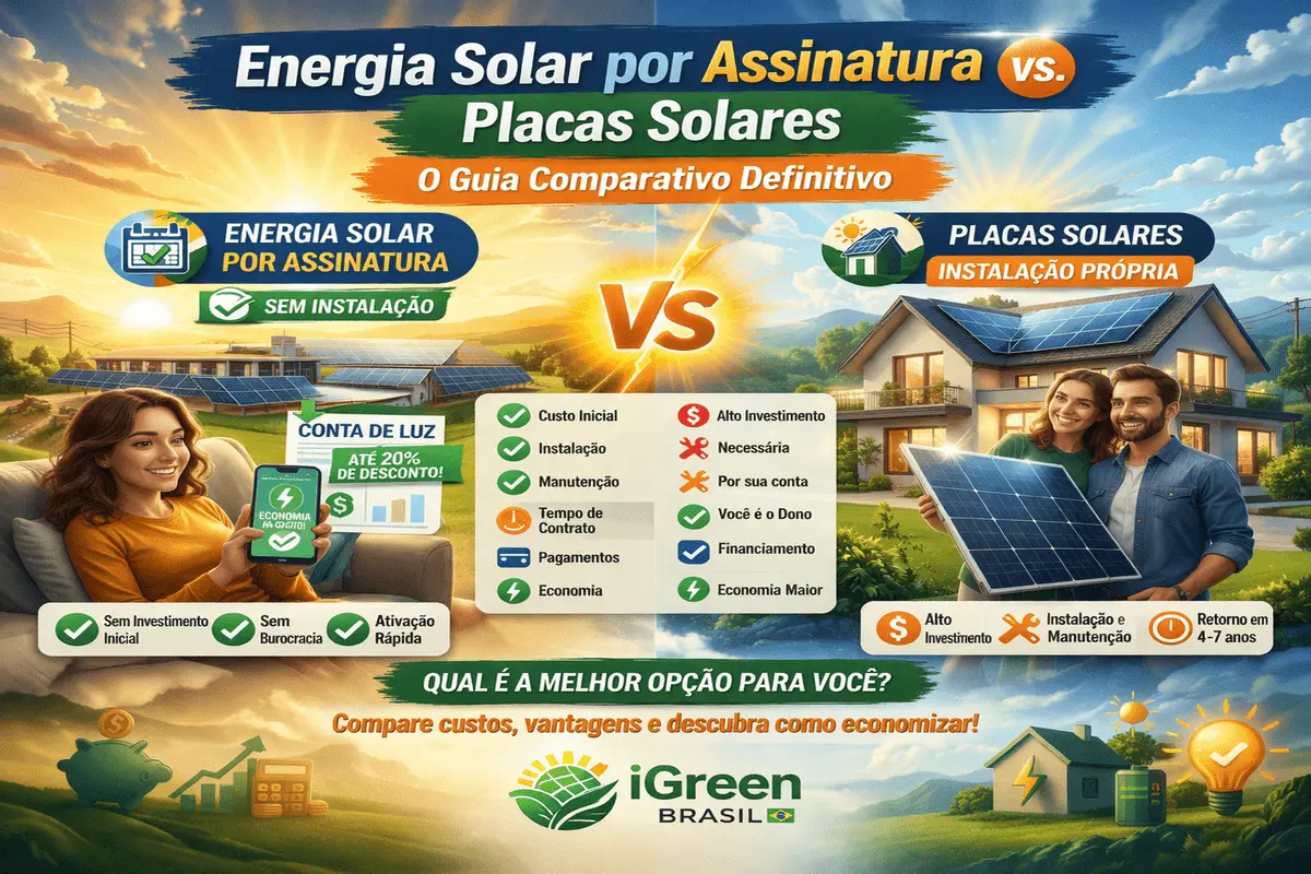 Energia Solar Por Assinatura: Vs Placas Solares. O Guia Definitivo para Economizar na Conta de Luz com placas solares ou assinatura Energia solar por assinatura ou placas Analisamos custos, manutenção e ROI para você descobrir qual o melhor.