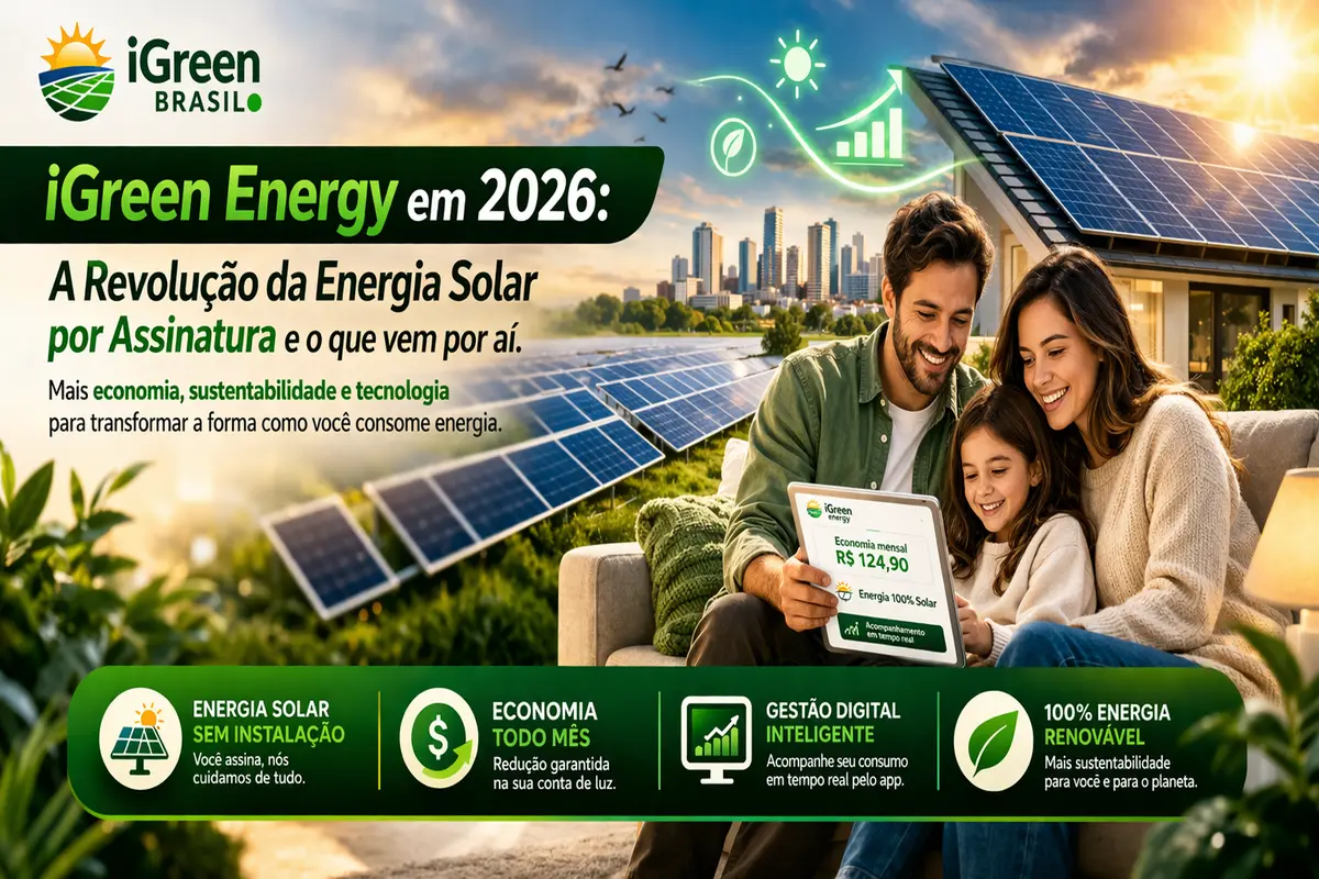 Gráfico de crescimento da iGreen Energy e mapa do Brasil iluminado com energia solar