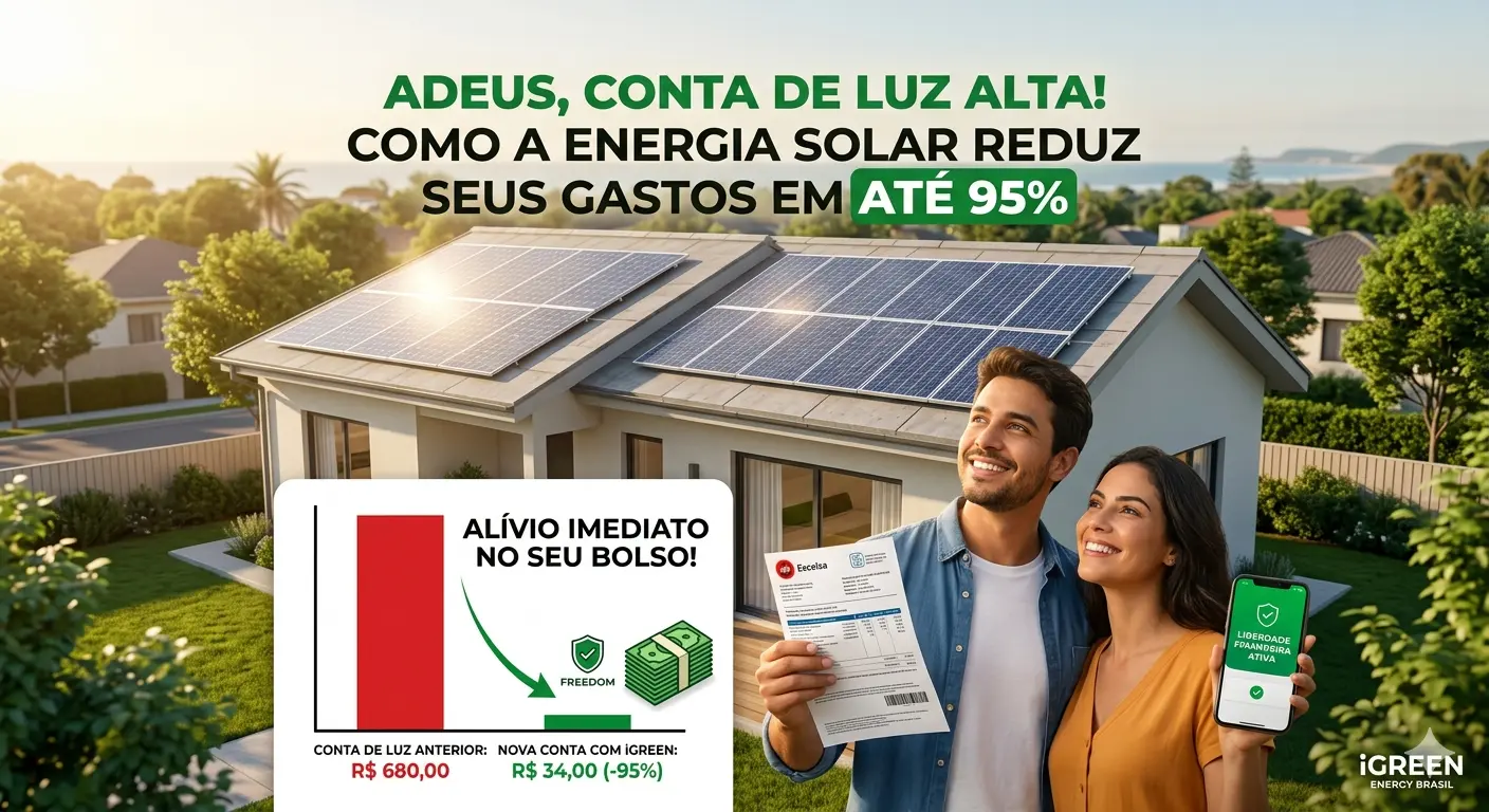Banner horizontal mostrando telhado com placas solares, conta de luz subindo e fatura iGreen zerada em São Mateus, ES, com família sorridente.