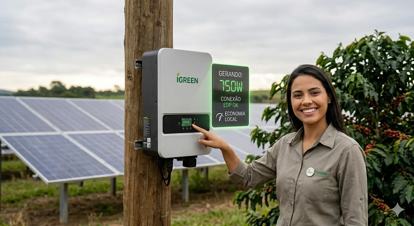 Uma consultora da Rede IGreen Brasil sorrindo ao lado de um inversor solar em uma fazenda de café no Norte do ES, mostrando o painel digital com a mensagem "Conexão EDP OK".