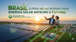 Infográfico panorâmico mostrando o Brasil superando metas internacionais de energia solar, com uma usina solar fotovoltaica ao pôr do sol em Guriri, São Mateus, e consultores celebrando o marco de 66 GW atingidos.