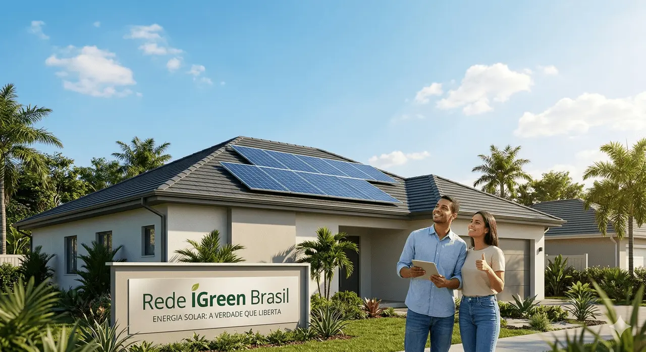 4 Grandes Mentiras sobre Energia Solar que fazem você perder dinheiro Uma foto ensolarada de uma casa moderna no Brasil com um telhado coberto por painéis solares fotovoltaicos da Rede IGreen Brasil, sob um céu azul claro.