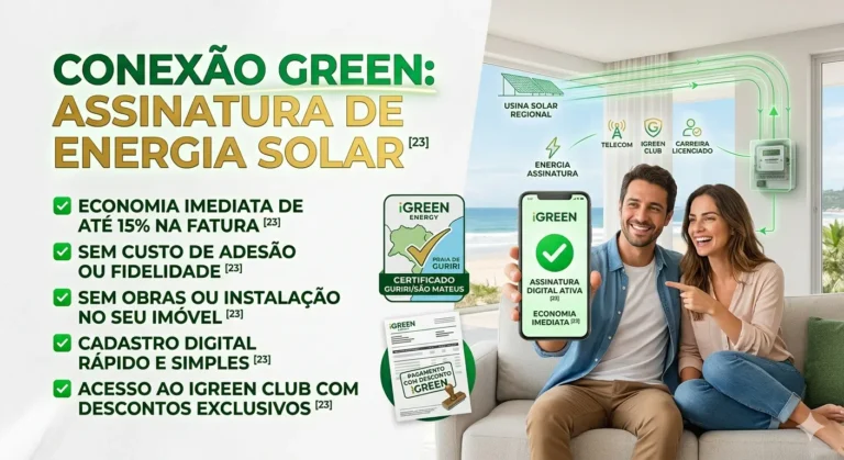 Infográfico da Rede iGreen Brasil explicando a Conexão Green: assinatura de energia solar sem obras, com desconto na conta de luz e cadastro digital em Guriri/São Mateus.