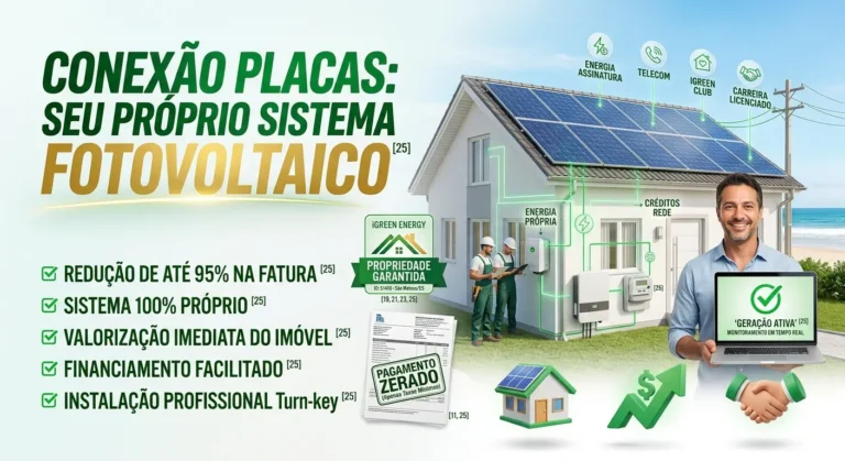 Infográfico da Conexão Placas iGreen Energy mostrando uma casa com painéis solares instalados, equipe técnica realizando a vistoria e o monitoramento da geração em tempo real para um sistema 100% próprio.