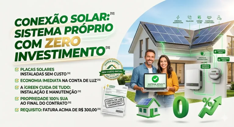 Infográfico da Conexão Solar iGreen mostrando uma residência em São Mateus com placas solares sendo instaladas sem custo, destacando o benefício de investimento zero e transferência de propriedade ao final do contrato.