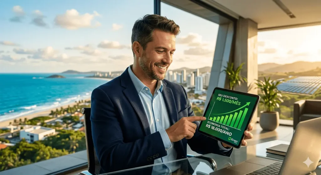 Empresário brasileiro moderno em São Mateus, ES, sorrindo ao ver economia real de R$ 18.000 por ano com Energia Solar por Assinatura da iGreen Energy.