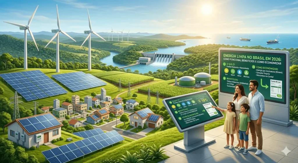 Família brasileira visualizando economia real na conta de luz com energia solar por assinatura da iGreen Energy em São Mateus, ES. Fundo com usina eólica e hidrelétrica.
