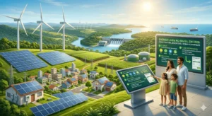 Família brasileira visualizando economia real na conta de luz com energia solar por assinatura da iGreen Energy em São Mateus, ES. Fundo com usina eólica e hidrelétrica.