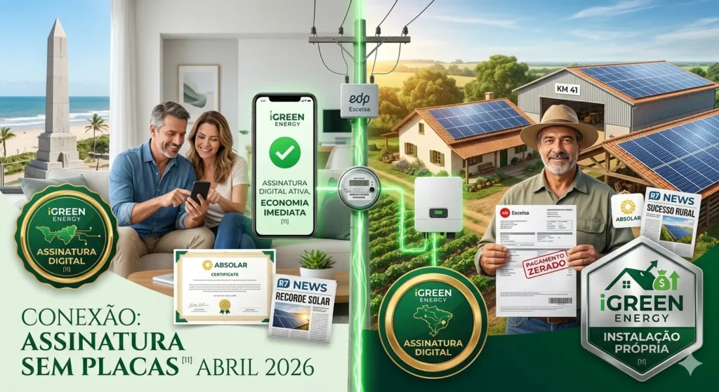 nfográfico comparativo da iGreen Energy mostrando assinatura digital em Guriri e instalação própria no KM 41, com certificados da ABSOLAR e notícias do R7.
