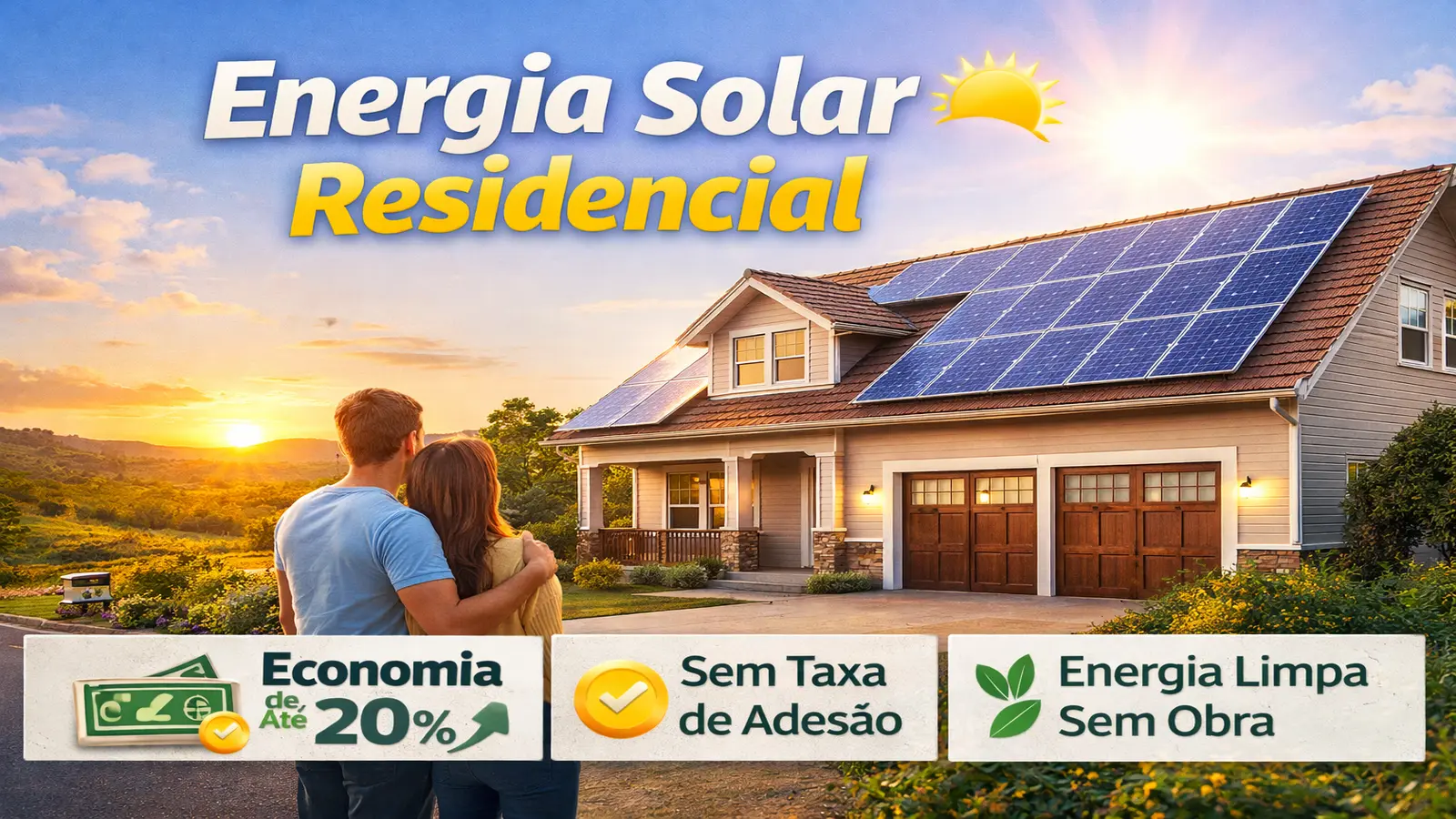 Imagem mostrando um casa com placas solares em um sitio com um linda vista.