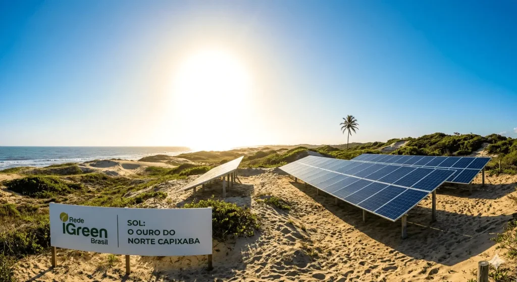 Painéis solares instalados em uma área de dunas e vegetação nativa em São Mateus, Espírito Santo, com o sol forte e o mar ao fundo, representando o potencial de Guriri.