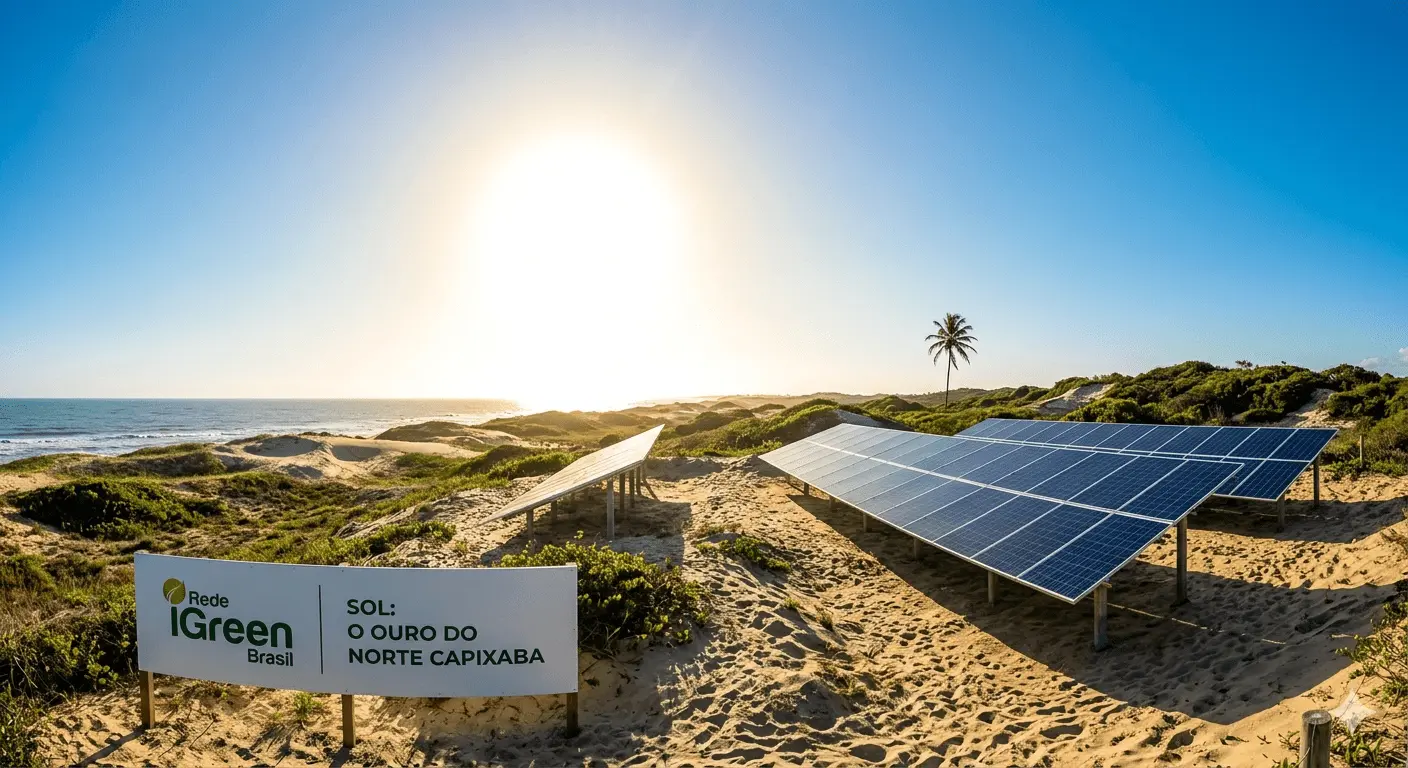 Painéis solares instalados em uma área de dunas e vegetação nativa em São Mateus, Espírito Santo, com o sol forte e o mar ao fundo, representando o potencial de Guriri.