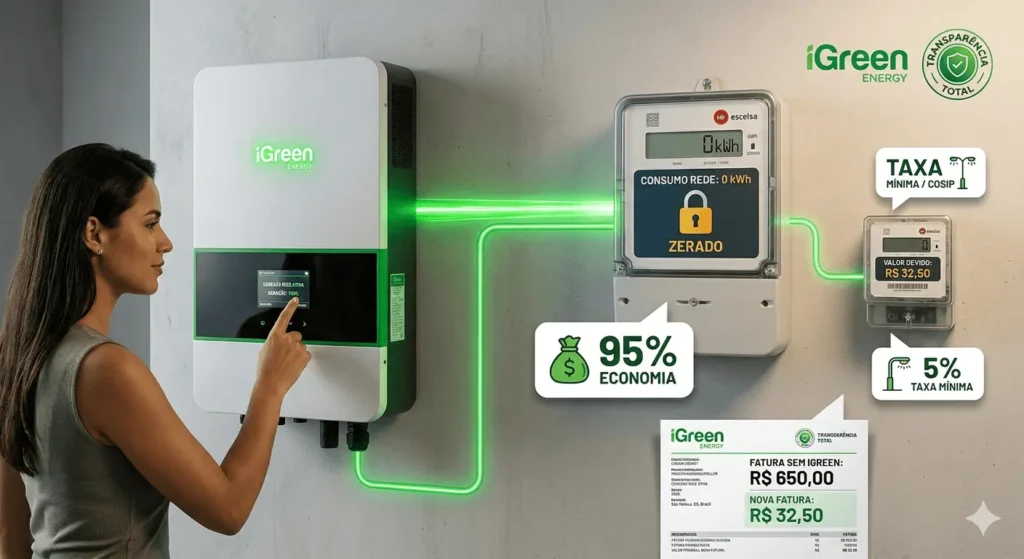 Ilustração técnica mostrando medidor digital iGreen de Energia Solar Reduz Gastos em até 95% separando 95% de economia e 5% de taxa mínima em São Mateus, ES.