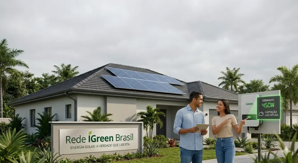 Um casal feliz em pé em seu jardim, no Brasil, sob um céu nublado, apontando para o inversor solar da Rede IGreen, que exibe "Gerando energia".