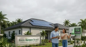 Um casal feliz em pé em seu jardim, no Brasil, sob um céu nublado, apontando para o inversor solar da Rede IGreen, que exibe "Gerando energia".