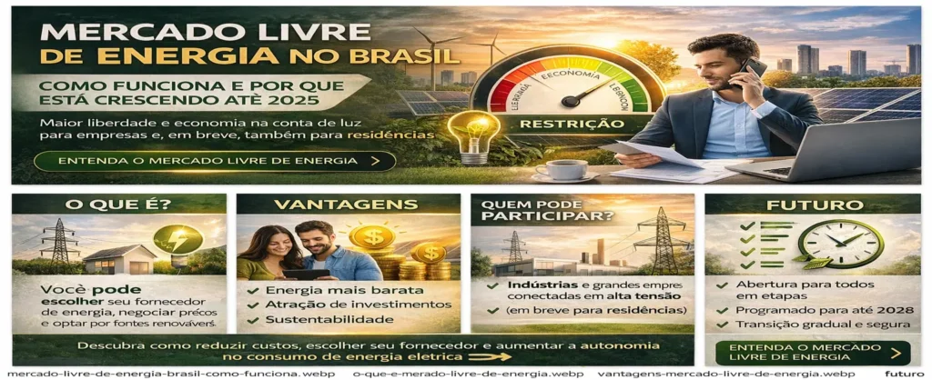 Infográfico explicando como funciona o mercado livre de energia no Brasil, com vantagens, economia e crescimento em 2025
