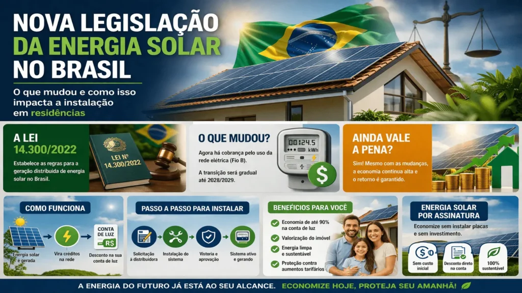 Nova legislação da energia solar no Brasil explicando a Lei 14.300 e como funciona a instalação de placas solares em residências em 2025