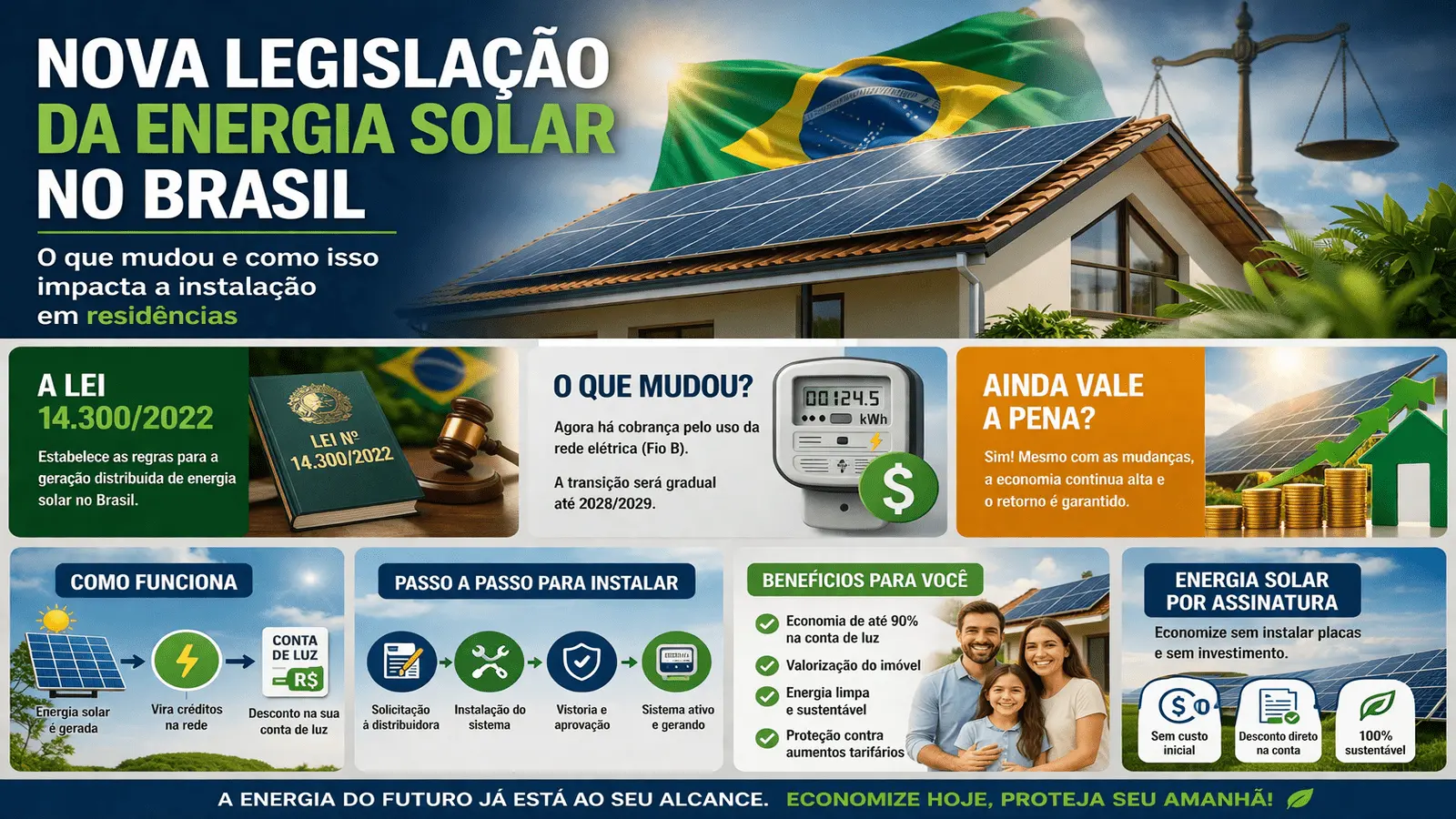 Nova legislação da energia solar no Brasil explicando a Lei 14.300 e como funciona a instalação de placas solares em residências em 2025