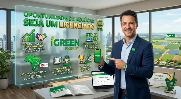 Consultor iGreen Energy apresentando infográfico de oportunidade de negócio com microfranquia digital, destacando ganhos de renda passiva, suporte completo e atuação nacional.