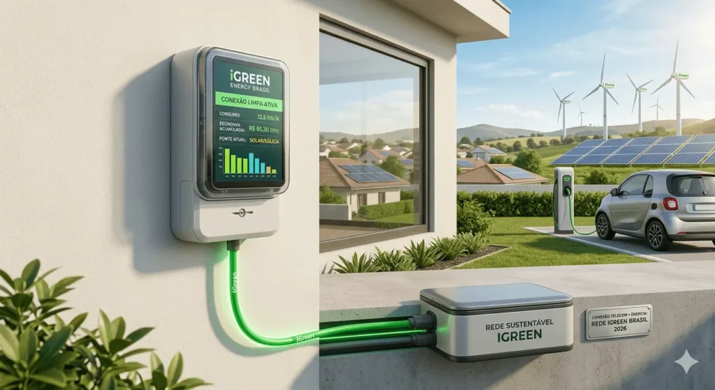Ilustração de rede inteligente conectando energia solar e eólica a casas em São Mateus, ES, com medidor iGreen mostrando economia.