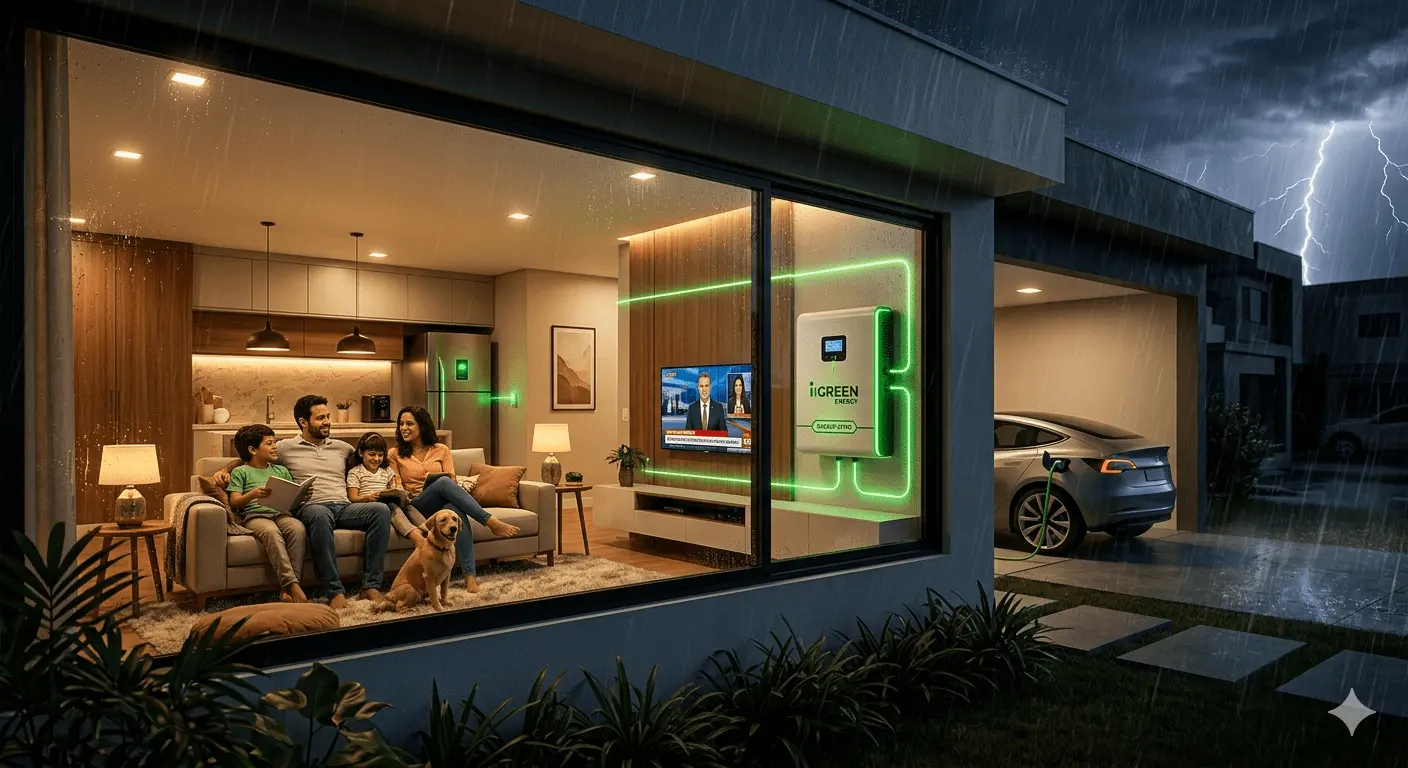 Família brasileira em São Mateus, ES, tranquila e iluminada em casa durante apagão de 2026, com backup de bateria iGreen visível.