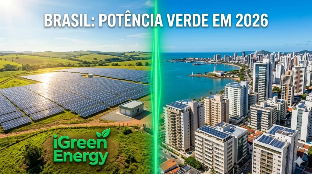 Banner comparativo: à esquerda uma grande fazenda solar iGreen no campo; à direita uma cidade costeira brasileira (como Vitória, ES) com painéis solares em telhados. Uma linha verde brilhante divide os cenários sob o título 'BRASIL: POTÊNCIA VERDE EM 2026'.