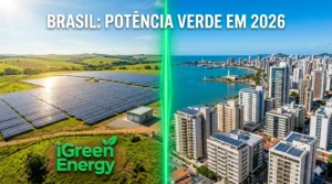 Banner comparativo: à esquerda uma grande fazenda solar iGreen no campo; à direita uma cidade costeira brasileira (como Vitória, ES) com painéis solares em telhados. Uma linha verde brilhante divide os cenários sob o título 'BRASIL: POTÊNCIA VERDE EM 2026'.