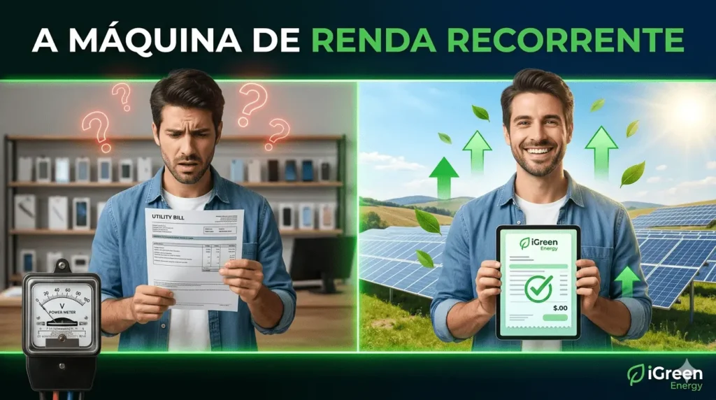 Maquina de Renda Recorrente: Infográfico comparativo mostrando lojista de celular estressado com contas altas versus lojista sorridente com lucros da iGreen Telecom e fazenda solar ao fundo.
