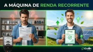 Maquina de Renda Recorrente: Infográfico comparativo mostrando lojista de celular estressado com contas altas versus lojista sorridente com lucros da iGreen Telecom e fazenda solar ao fundo.