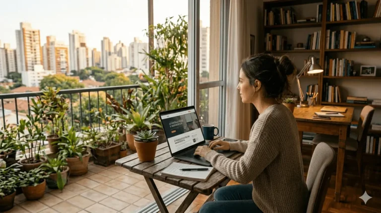 Mulher sorrindo enquanto trabalha em um notebook em uma mesa de madeira organizada, com vista para a cidade