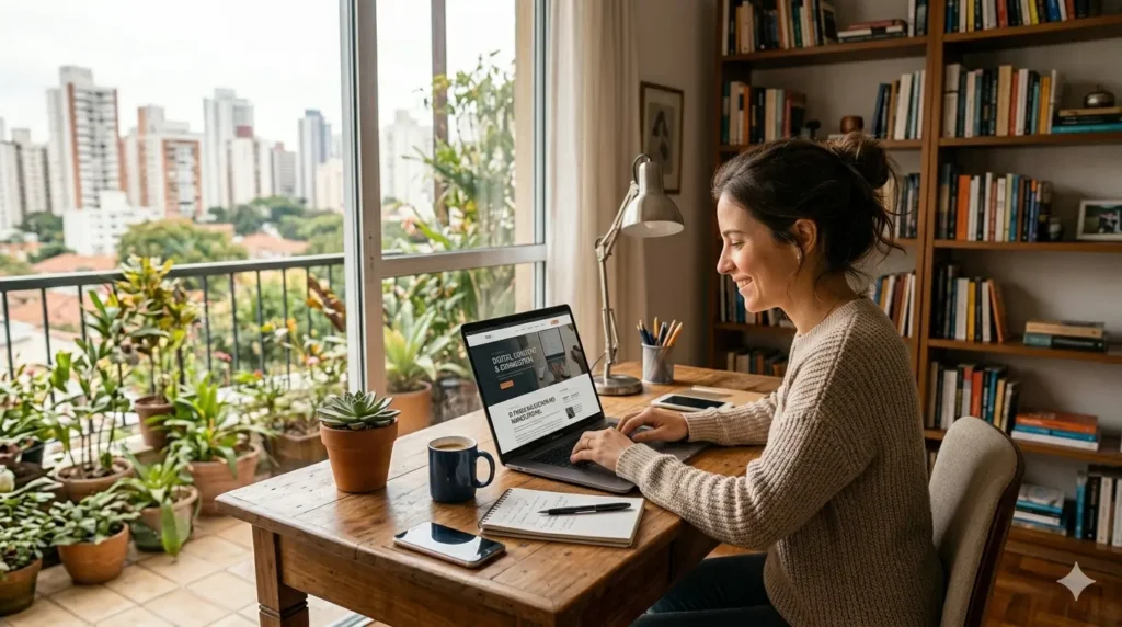 O Fim da Venda Única: Contas de Luz e Internet juntos Mulher sorrindo enquanto trabalha em um notebook em uma mesa de madeira organizada, com vista para a cidade ao fundo.